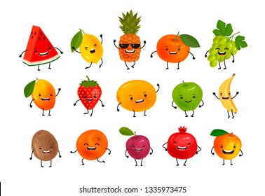 Set of funny fruits. Food concept. Cartoon vector illustration