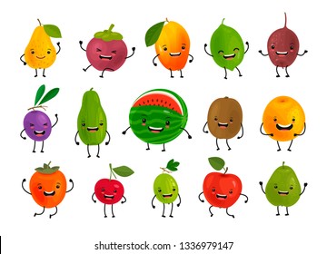 Set of funny fruits. Fresh food concept. Cartoon vector illustration