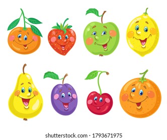 Set of funny fruits. Green apple, yellow pear, orange, strawberry, lemon, tangerine, blue plum, and red cherry. In cartoon style. Isolated on white background. Vector flat illustration.