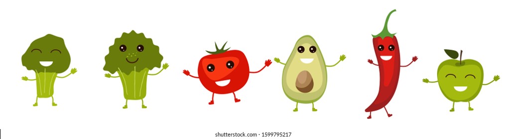 Set of funny fruits and vegetables characters smiling with arms and legs isolated on white background. Broccoli, tomato, aquacado, pepper, apple. Vector illustration in a flat style.