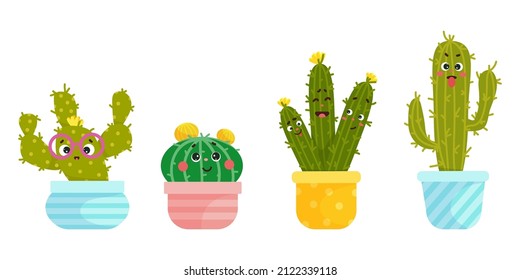 Set Of Funny Fun Kawaii Cacti,funny Emotional Plants In Pots. Cartoon Vector Graphics.