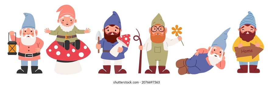 Juego de Gnome de Jardín divertido aislado en fondo blanco. Personajes de elfo con linterna, pala, flor y hongos. Elementos de diseño, decoración para el paisaje veraniego de los huertos. Ilustración del vector de dibujos animados