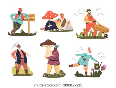 Set of funny garden gnomes and dwarfs cartoon characters working on farm gardening, watering flowers, picking mushroom. Fairy creatures concept. Flat vector illustration