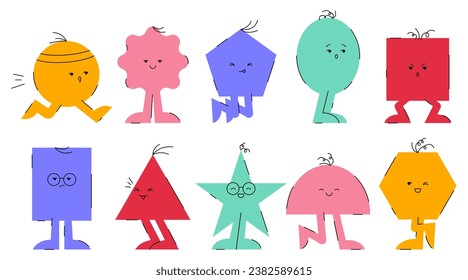 Set of funny geometric characters. Comic simple shapes, geometry figures with different faces and emotions. Flat naiv illustration on white background.