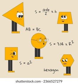 set of funny geometric shapes with different emotions.Cute mathematical cartoon characters with formulas in a trendy style, for the cover of school notebooks, albums, diaries.Vector illustration
