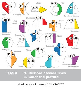 Set of funny geometric shapes in vector colorful to be traced. Restore dashed line and color the picture. Visual game for children. Worksheet to be colored.