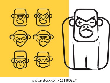 Set of funny, geometrical monkey faces. Gorilla expresions