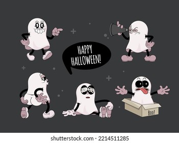 Set of funny ghosts in comic retro cartoon style. Cute comic gloved hands characters in Contemporary style. Doodle comic characters for autumn holiday of the halloween.