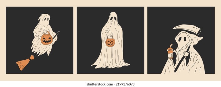 Juego de fantasmas divertidos en diferentes poses para Halloween.Hand dibujó ilustración vectorial aislada en el fondo. Estilo moderno de dibujos animados planos.