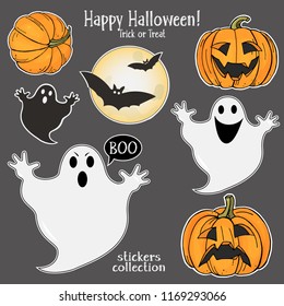 Set of Funny Ghosts and pumpkins in cartoon style on black. Collection of stickers. Halloween party.