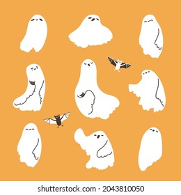 Set of Funny Ghosts with vampire bats on Halloween party. Vector illustration of isolated elements for fall design on yellow background