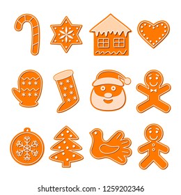 Set of funny gingerbread christmas cookies isolated on white background. Flat vector illustration