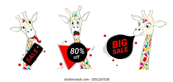 Set of funny giraffes with a sale tags. Colorful crazy animals for black friday sale.