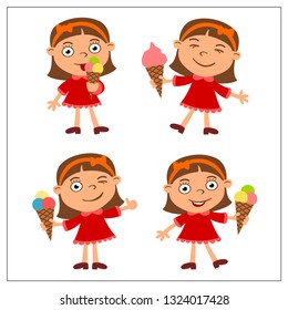 Set funny girl in cartoon style eating ice cream