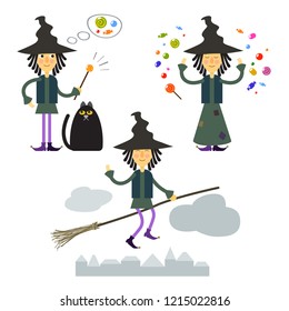 Set of funny girl dressed as a halloween witch riding a broom and make some sweet magic