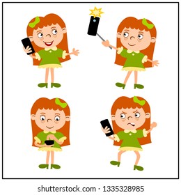 Set of funny girl with phone in different poses isolated on white background.
