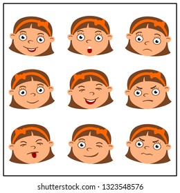 Set of funny girl's faces with different emotions in cartoon style.