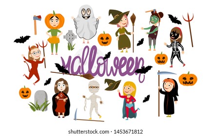 Set of funny girls in scary costumes for celebrating Halloween. Cute mummy, death, zombies, vampire, superhero, witch, ghost, devil, skeleton and pumpkin. Trick or treat. Vector illustration of kids