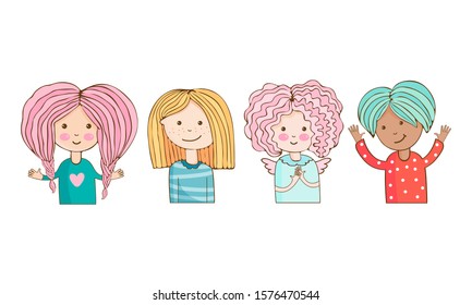 Set funny girls smiling. The female character in the vector. Hand drawn female avatar. Cute kawaii girls. Art colourful illustration. Happy child. Kids vector characters.