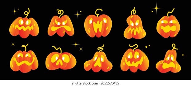 Set of funny glowing pumpkins on a black background. Halloween holiday. Colorful pumpkins with different emotions on their faces. Jack-o-lantern. Flat vector illustration