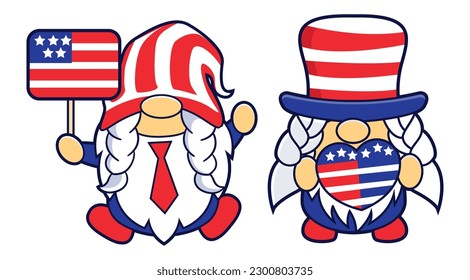 Set of funny gnomes in America Independence Day costume carnival.