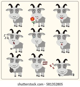 Set of funny goat in different poses and emotions in cartoon style.