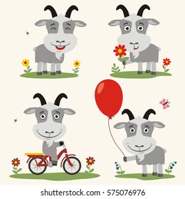 Set of funny goat plays on meadow, on bicycle, with balloon and flower in cartoon style.