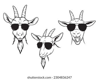 Set of funny goats with sunglasses. Collection of decorative stylish farm animals. Domestic farm animals. Vector illustration isolated on white background.