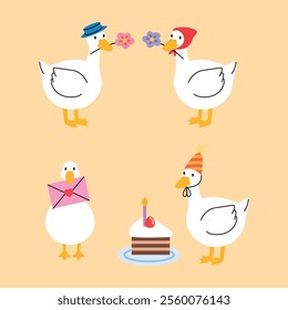 set of funny goose cartoon characters, goose with flower, goose with pink love letter, goose with birthday cake and party hat