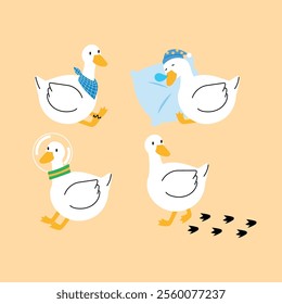 set of funny goose cartoon characters, goose with bandana sitting, goose sleeping on a pillow, one with space helmet, walking and looking at its footprints