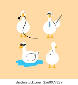 set of funny goose cartoon characters , goose holding electronic plug, goose with eyeglasses and pointer, goose swimming in water and sunglasses, turning back