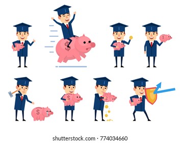 Set of funny graduate student characters posing with piggy bank. Cheerful graduate holding piggy bank, saving money and showing other actions. Flat style vector illustration