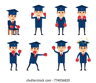 Set of funny graduate student characters posing with boxing gloves. Cheerful graduate attacking, dazed, tired, celebrating and showing other actions. Flat style vector illustration