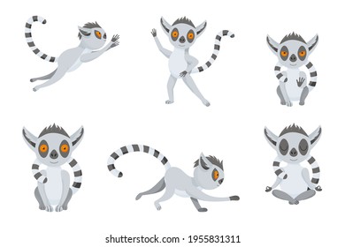 Set funny gray lemur - dance, meditation, levitation, jump, calm. The fluffy striped tail curves. Cute baby animal in cartoon style. Vector illustration, isolated color elements on a white background