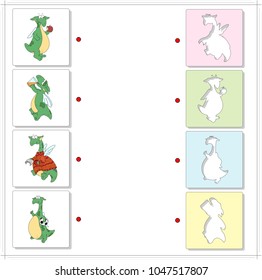 Set of funny green dragons. Educational game for kids. Choose the correct silhouettes on the opposite side and connect the points