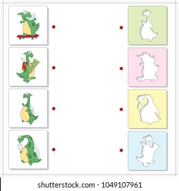 Set of funny green dragons. Educational game for kids. Choose the correct silhouettes on the opposite side and connect the points