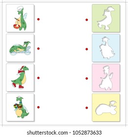 Set of funny green dragons. Educational game for kids. Choose the correct silhouettes on the opposite side and connect the points