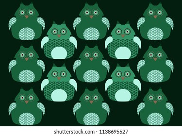 Set of funny green owls. Vector illustration