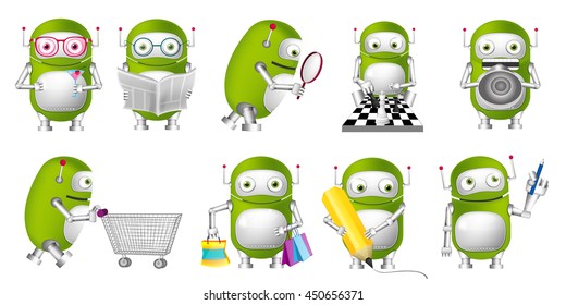 Set of funny green robots drinking cocktail, playing chess, reading newspaper, shouting in megaphone, doing shopping, drawing with pencil. Vector illustration isolated on white background.