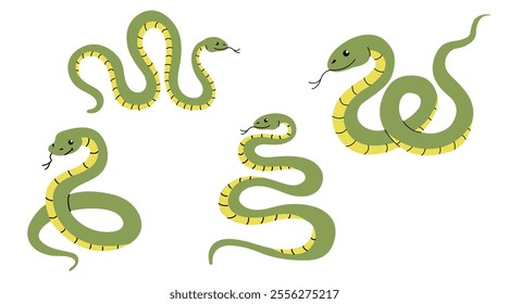 Set of funny green snake cartoon. Vector illustration. Symbol of 2025