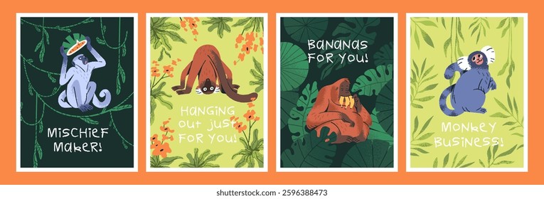 Set of funny greeting card designs with adorable monkey characters. Templates of postcards with cute primates, jungle animals. Layouts with happy orangutan, vervet, lemur. Flat vector illustrations