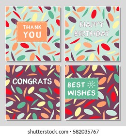 Set of funny greeting cards with abstract geometrical shapes. Universal congratulation with birthday, anniversary, wedding, thank you card.