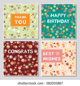 Set of funny greeting cards with abstract geometrical shapes. Universal congratulation with birthday, anniversary, wedding, thank you card.