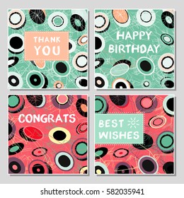 Set of funny greeting cards with abstract geometrical shapes. Universal congratulation with birthday, anniversary, wedding, thank you card.