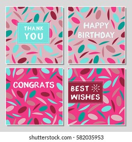 Set of funny greeting cards with abstract geometrical shapes. Universal congratulation with birthday, anniversary, wedding, thank you card.