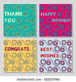 Set of funny greeting cards with abstract geometrical shapes. Universal congratulation with birthday, anniversary, wedding, thank you card.