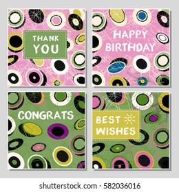 Set of funny greeting cards with abstract geometrical shapes. Universal congratulation with birthday, anniversary, wedding, thank you card.