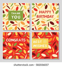 Set of funny greeting cards with abstract geometrical shapes. Universal congratulation with birthday, anniversary, wedding, thank you card.