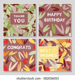 Set of funny greeting cards with abstract geometrical shapes. Universal congratulation with birthday, anniversary, wedding, thank you card.