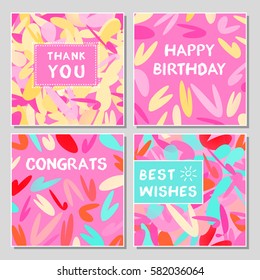 Set of funny greeting cards with abstract geometrical shapes. Universal congratulation with birthday, anniversary, wedding, thank you card.